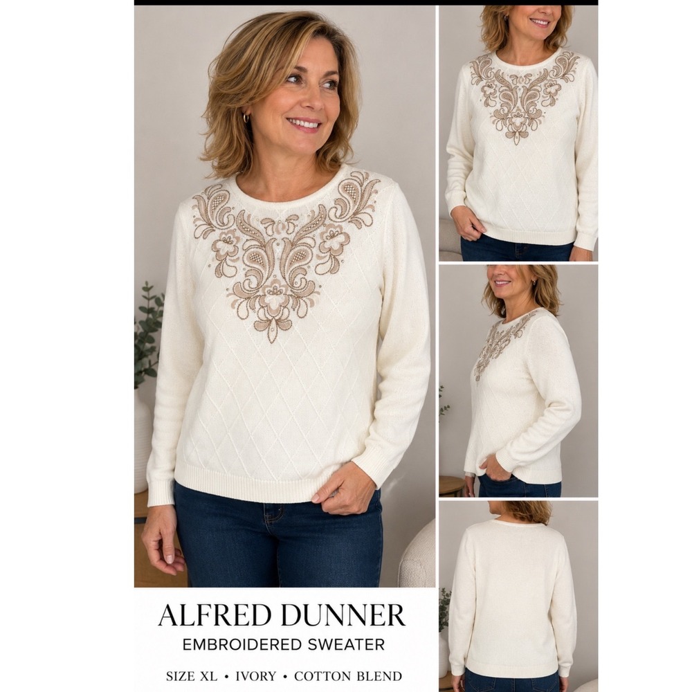 Alfred Dunner Ivory Embroidered Paisley Rhinestone Sweater Women XL Cotton Blend